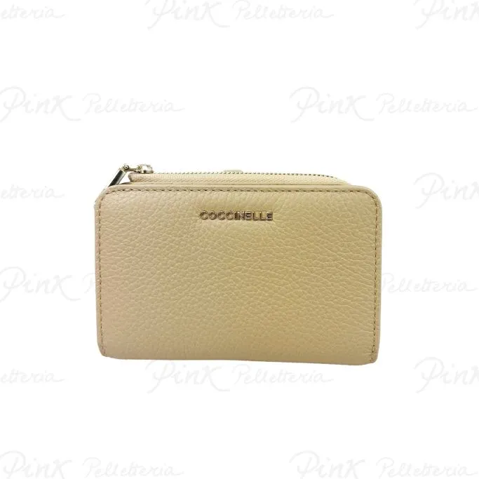 -COCCINELLE Metallic Soft Portafoglio Piccolo Bottone + Zip N24 Fresh Beige E2MW511C101