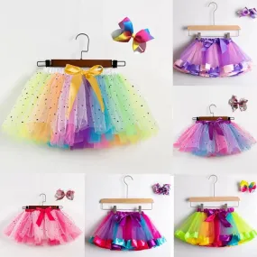 2023 nuova gonna tutu arcobaleno maglia estiva vestiti per bambina tulle ragazze festa danza colorata Mini Pettiskirt balletto c