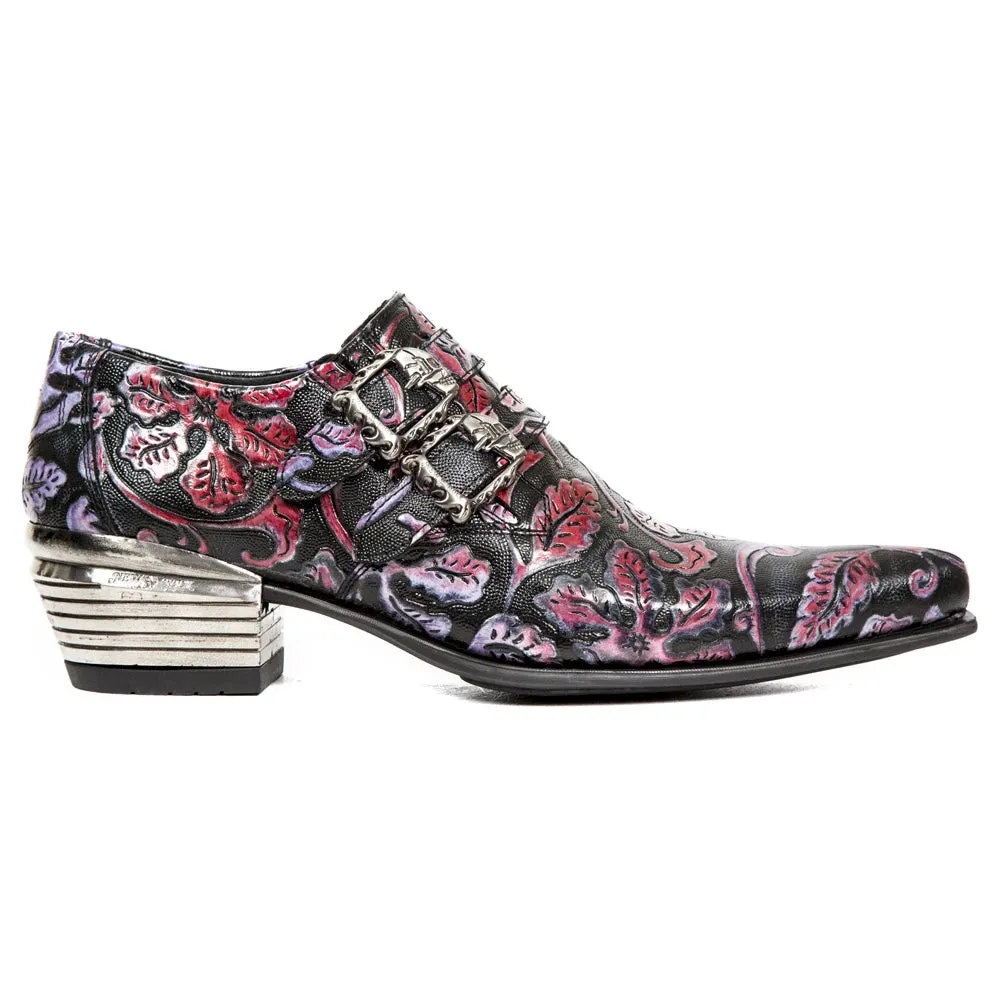 7960-S6 Scarpa EMBOSSED VINTAGe Tacco in Acciaio con Fibbia Pelle Nera Rossa