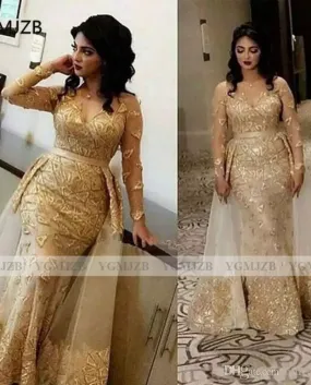 Abiti da sera con paillettes Maniche lunghe Plus Size Scollo a V Gonna staccabile Arabo Dubai Abito formale elegante Abiti da ba