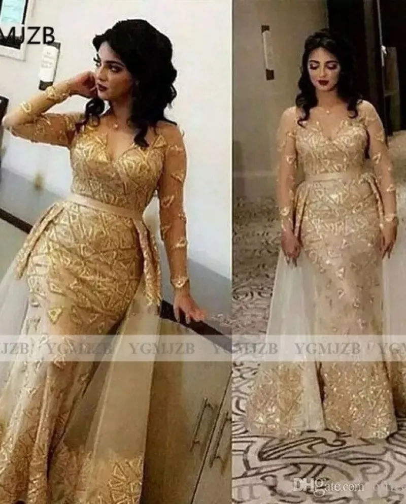 Abiti da sera con paillettes Maniche lunghe Plus Size Scollo a V Gonna staccabile Arabo Dubai Abito formale elegante Abiti da ba