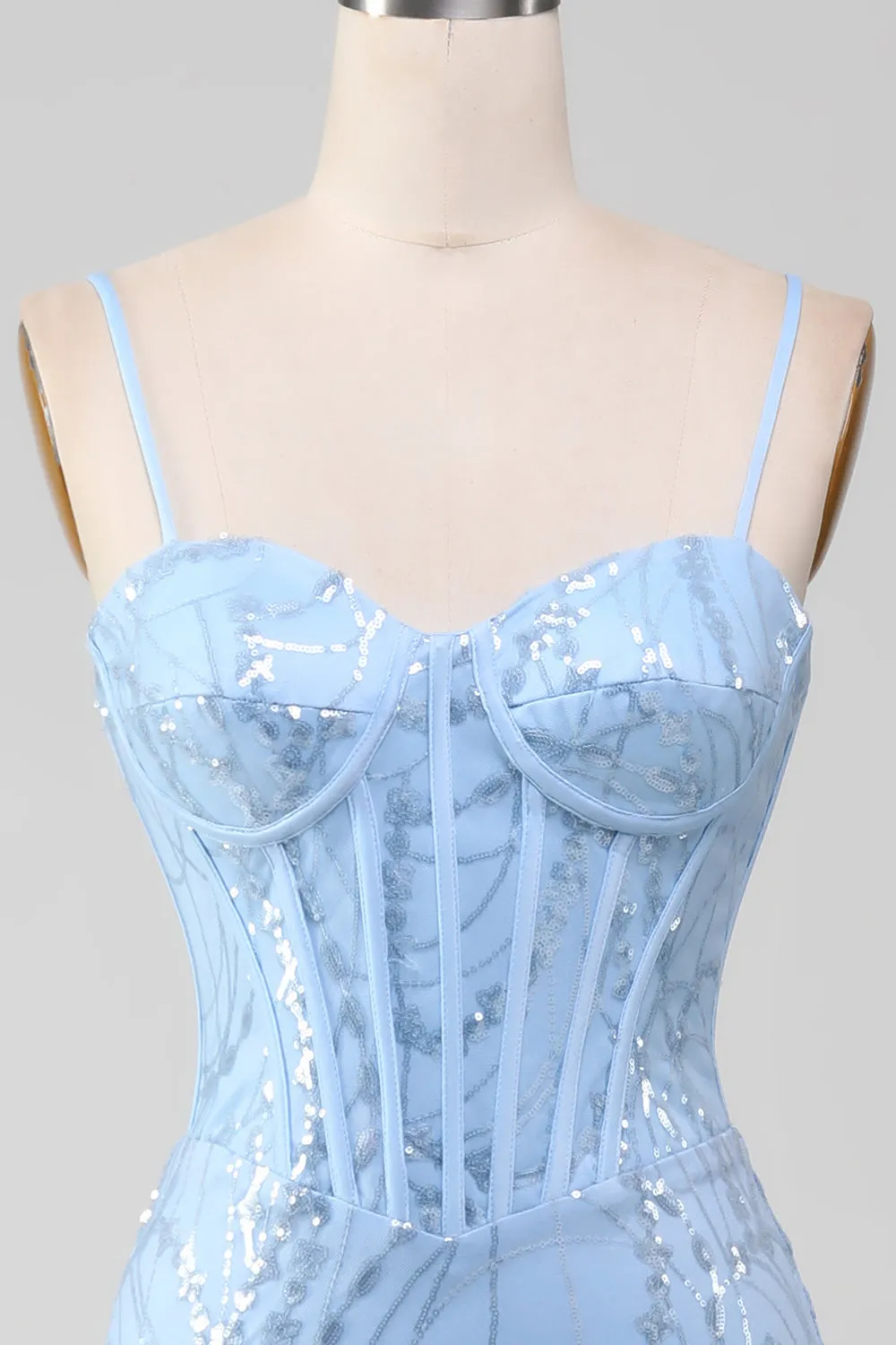 Abito da ballo corsetto lungo con paillettes a sirena azzurra