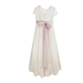 Abito Lungo Bianco Naturale Con Cintura Tulle Rosa