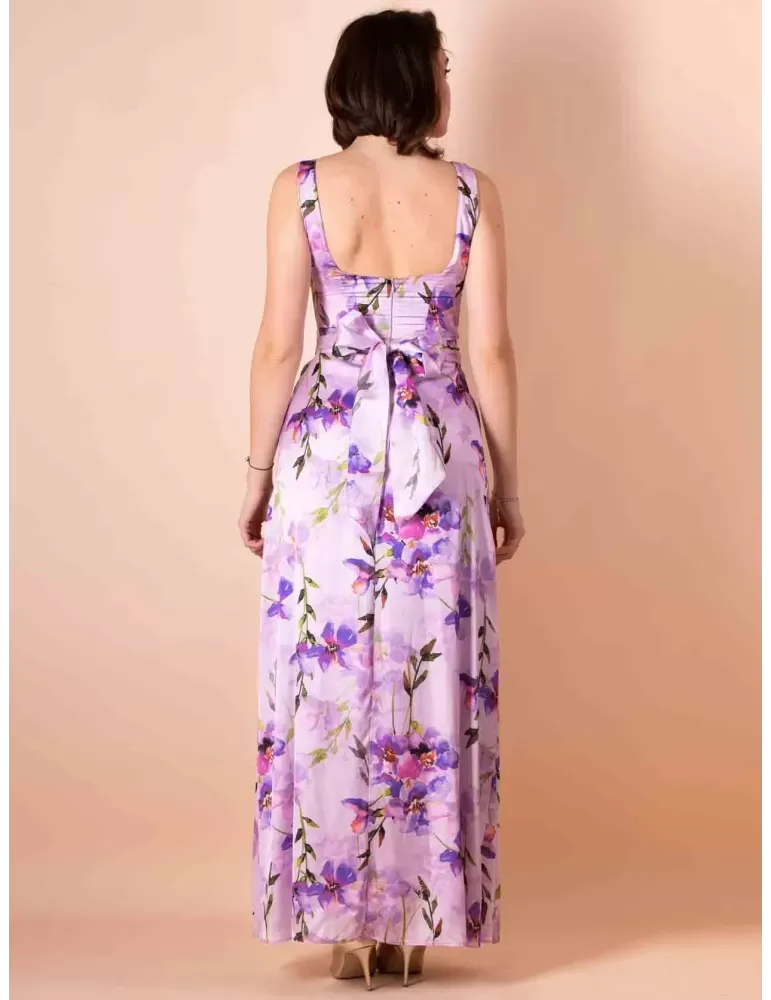 Abito lungo in raso lilla a fiori con spacco laterale Casting