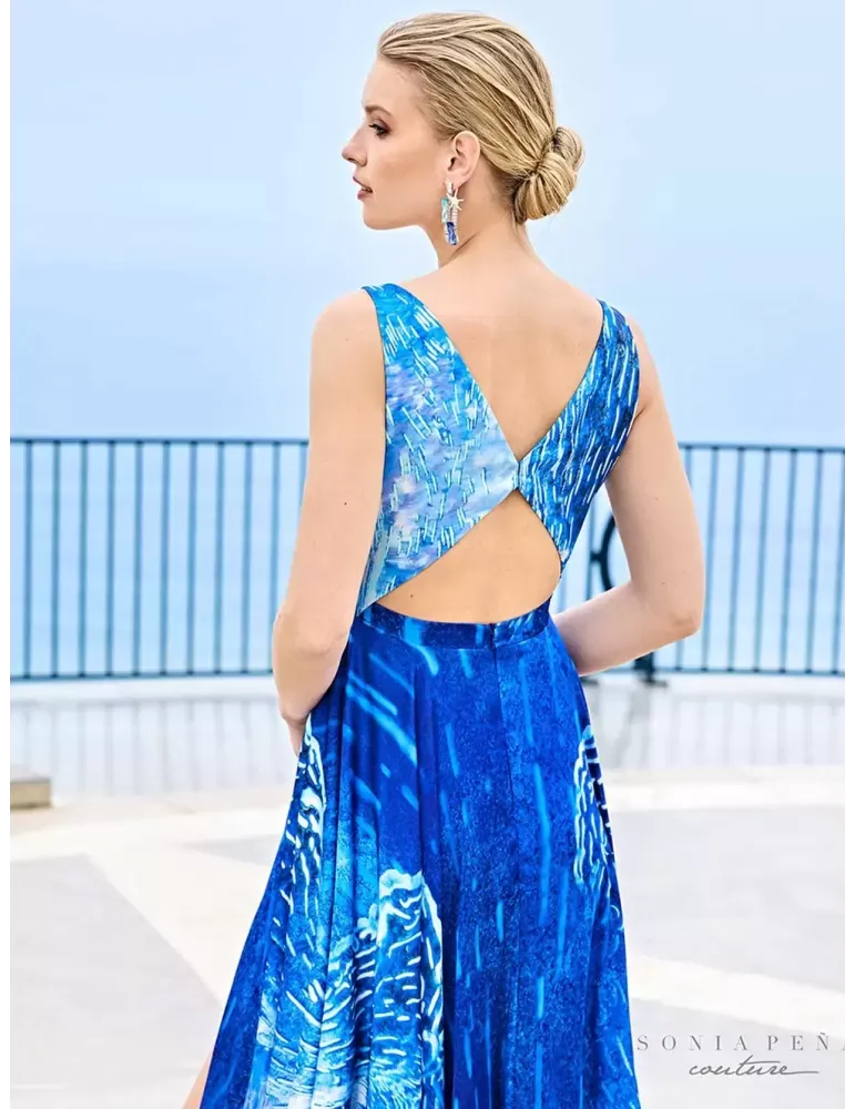 Abito lungo raso fantasia azzurra del mare Sonia Pena Couture
