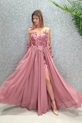 Abito lungo rosa scuro Axa con lo strascico e corpetto in tulle nude a fiori 3D