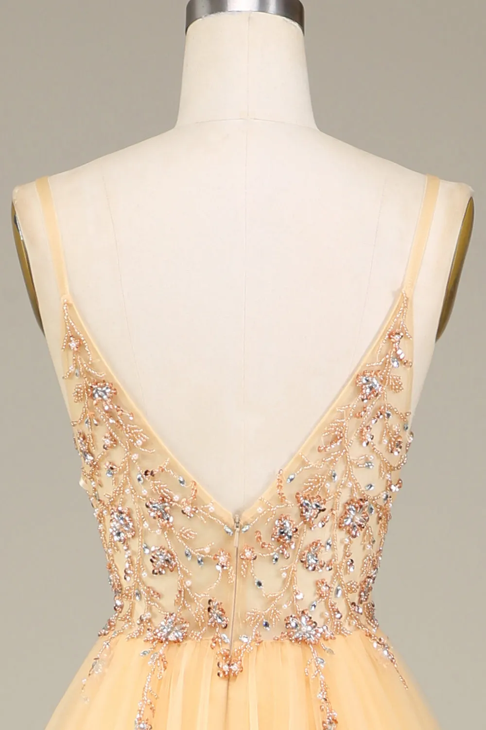 Affascinante A Line Spaghetti Straps Dorato Abito Lungo Prom con Perline