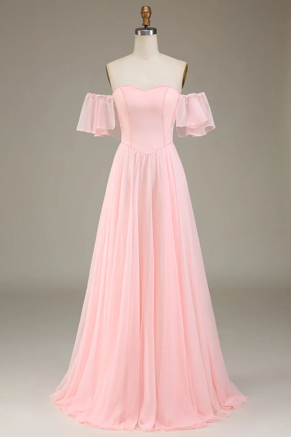 Blush rosa A-Line Off the spalla chiffon abito lungo da damigella d'onore
