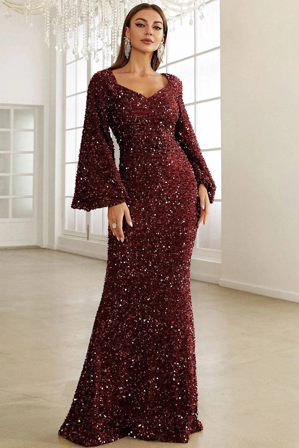 Borgogna Sparkly Paillettes Sirena Abito Da Vacanza Lungo