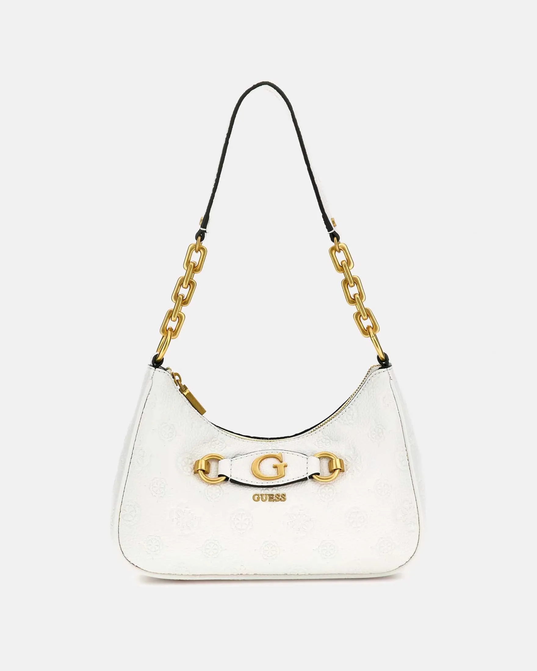Borsa a spalla bianca a mezzaluna in similpelle a fantasia monogram a rilievo con listino logo sul davanti