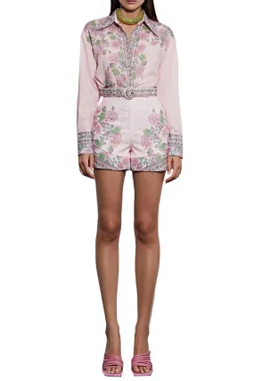 Camicia donna con decori floreali sul fronte e sui polsini tessuto cotone chiusura bottoni