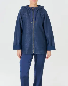 Cappa blu in misto viscosa con inserti in lurex oro e cappuccio