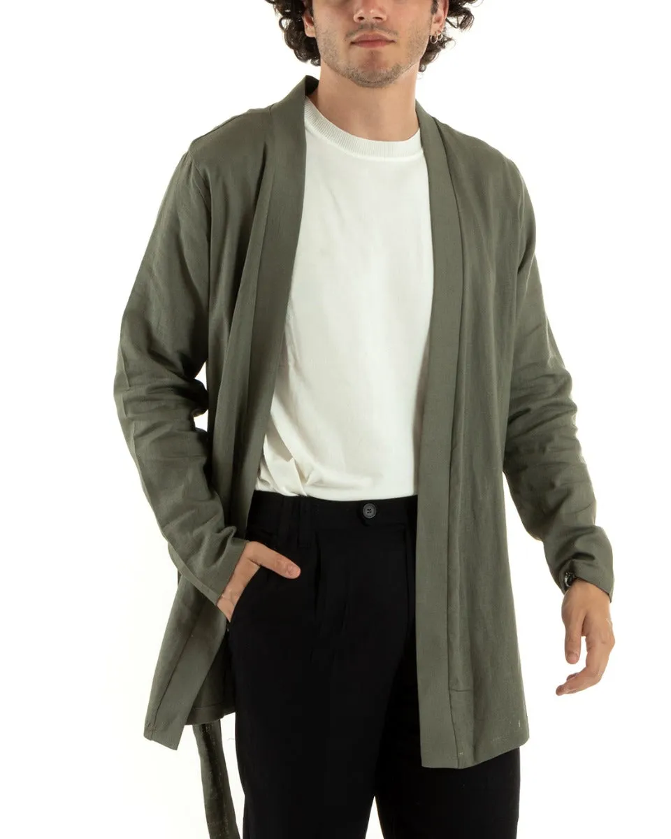 Cardigan Uomo Maglia Maglioncino Lino Kimono Con Cintura Tinta Unita Verde GIOSAL-M2659A