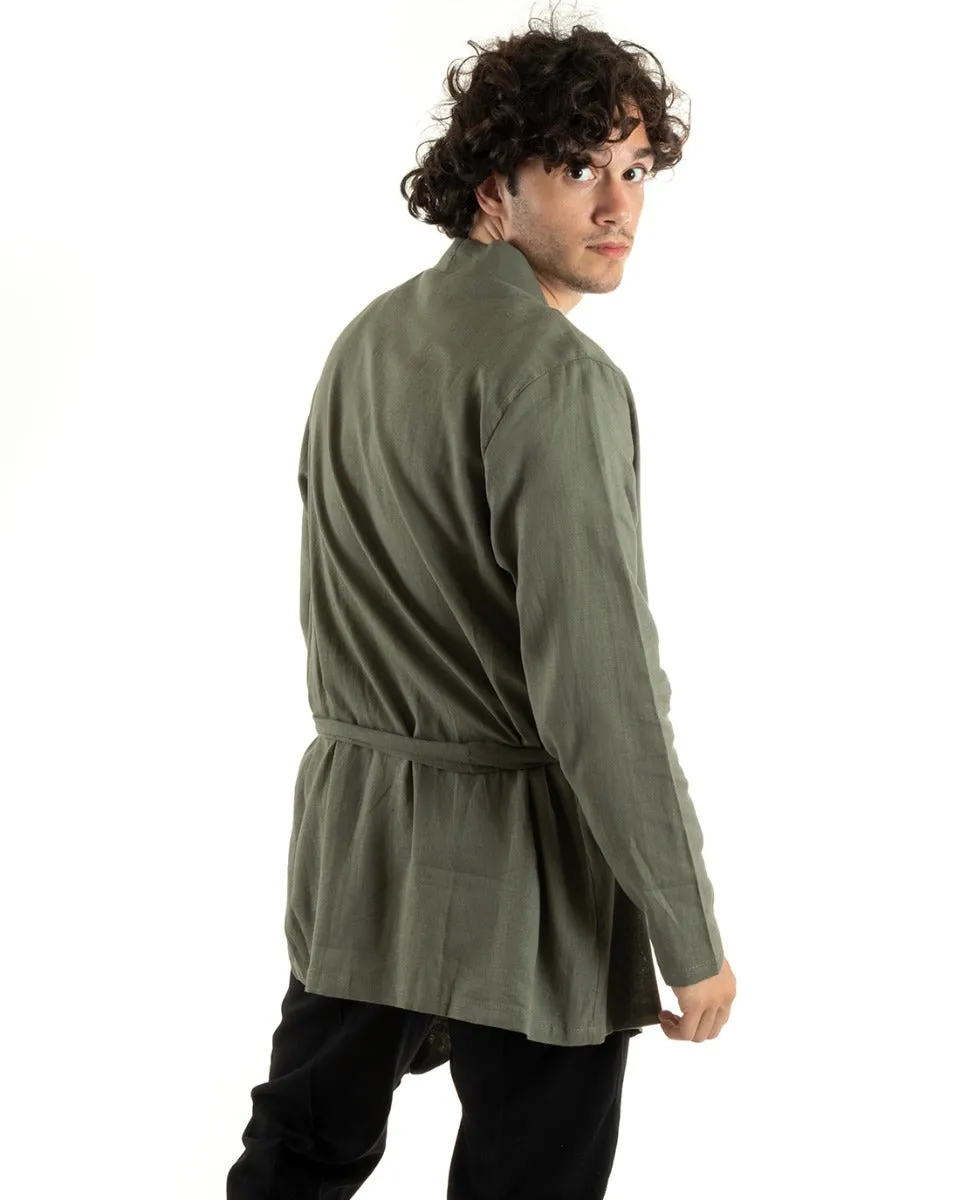 Cardigan Uomo Maglia Maglioncino Lino Kimono Con Cintura Tinta Unita Verde GIOSAL-M2659A