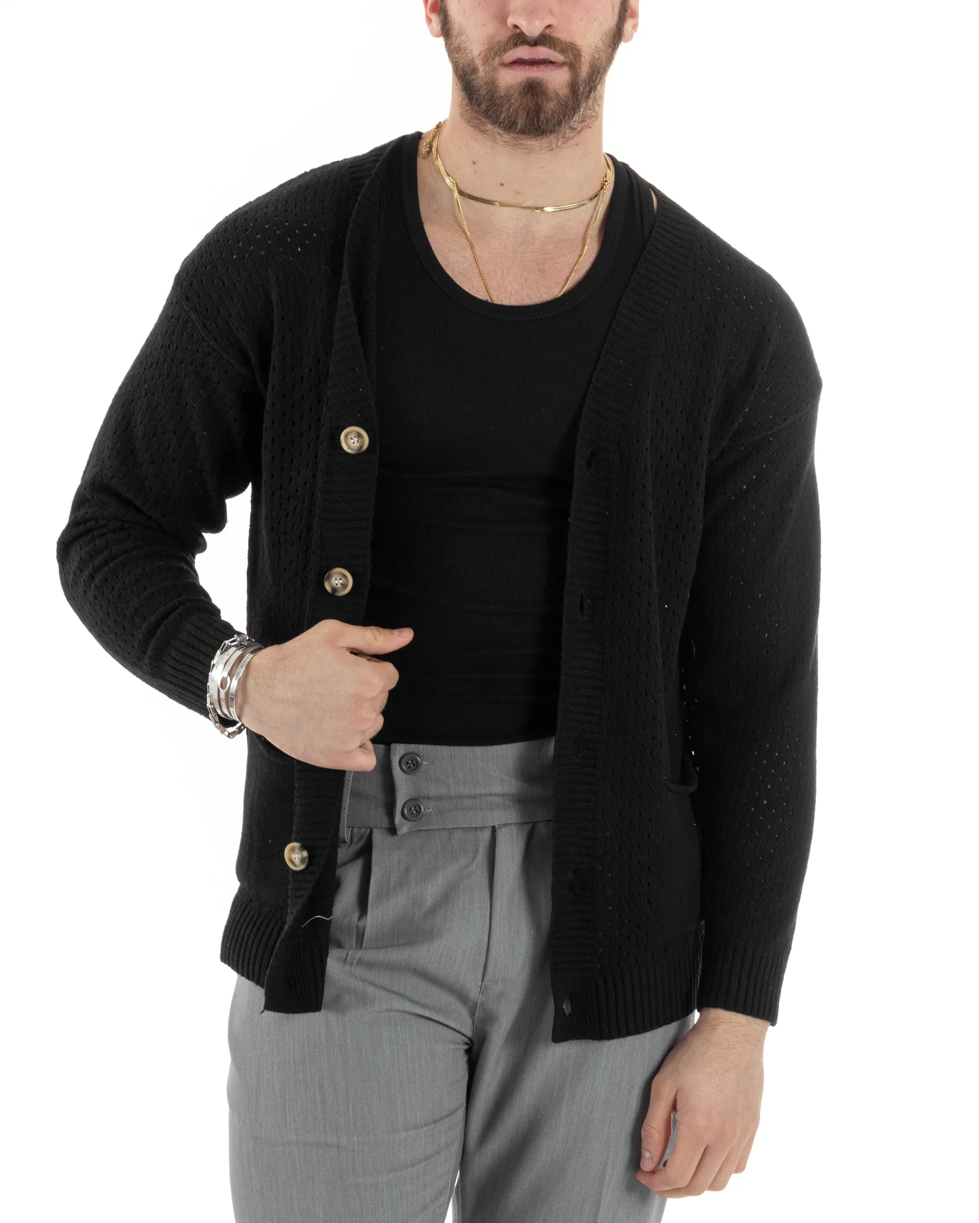 Cardigan Uomo Scollo V Maglia Bucata Maglioncino Traforato Giacca Con Bottoni Nero Casual GIOSAL-M2821A