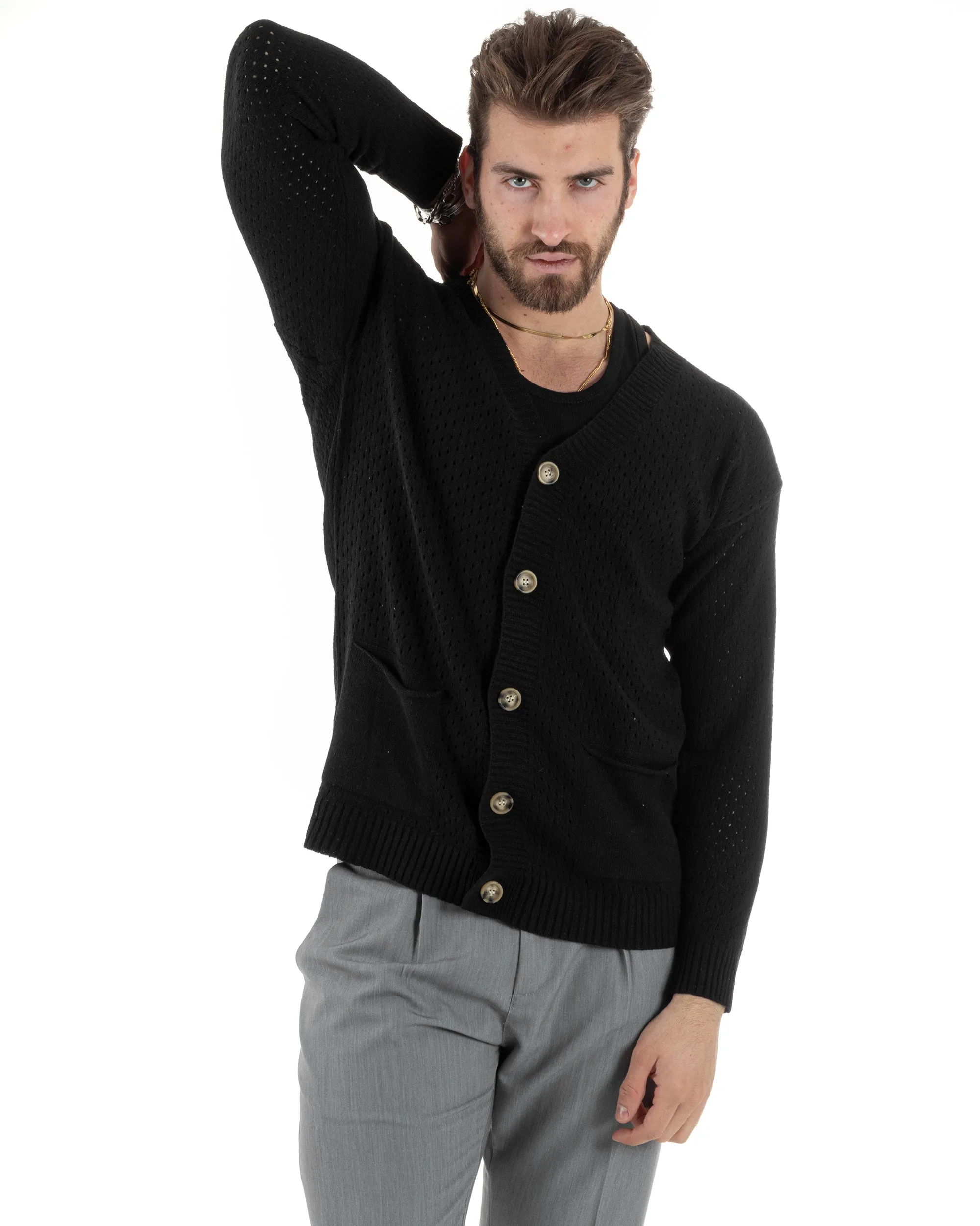 Cardigan Uomo Scollo V Maglia Bucata Maglioncino Traforato Giacca Con Bottoni Nero Casual GIOSAL-M2821A