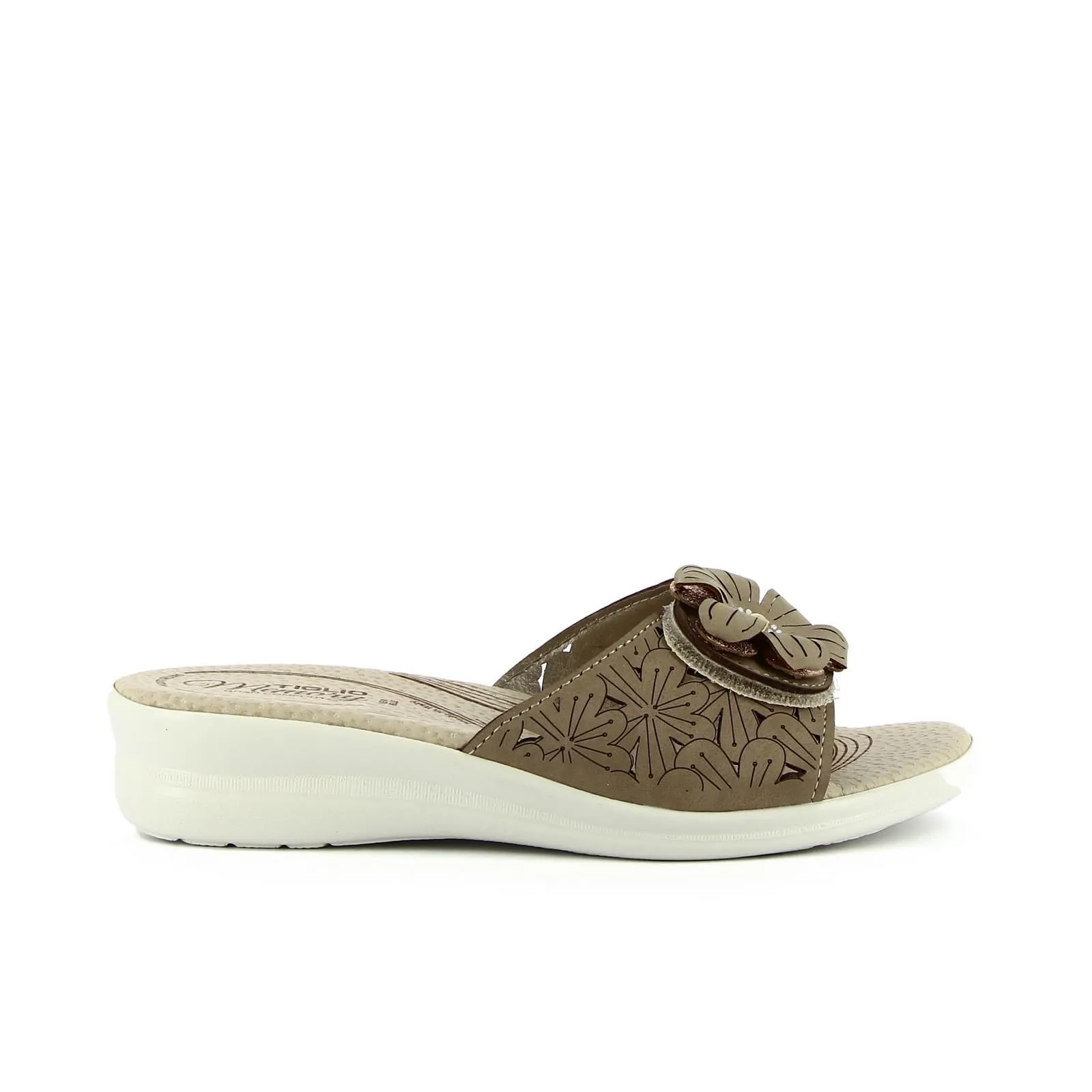 Ciabatte comfort beige con fiore e zeppina