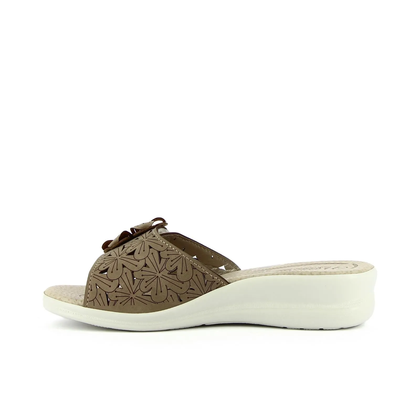 Ciabatte comfort beige con fiore e zeppina