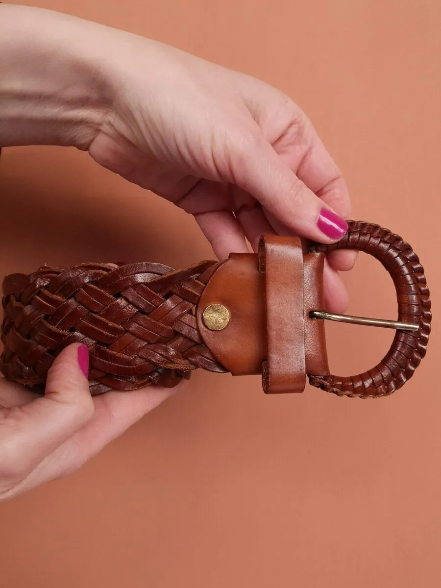 Cintura alta in pelle intrecciata cuoio scuro