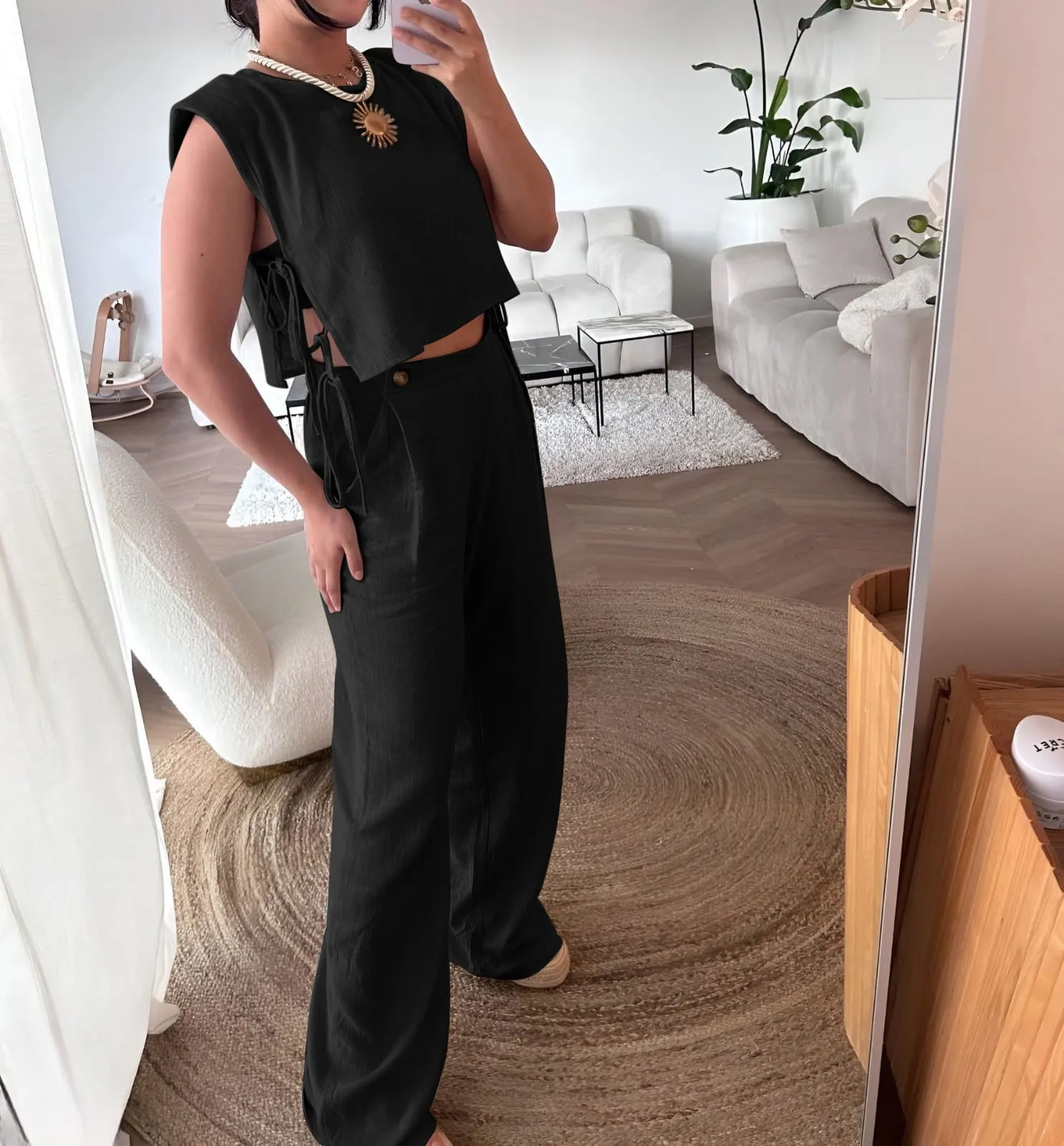 Completo Donna Top Cropped Giromanica Girocollo Monocolore Pantalone Palazzo Fiocco