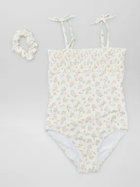 Costume da bagno punto smock + Elastico per capelli - 2 pezzi - BIANCO