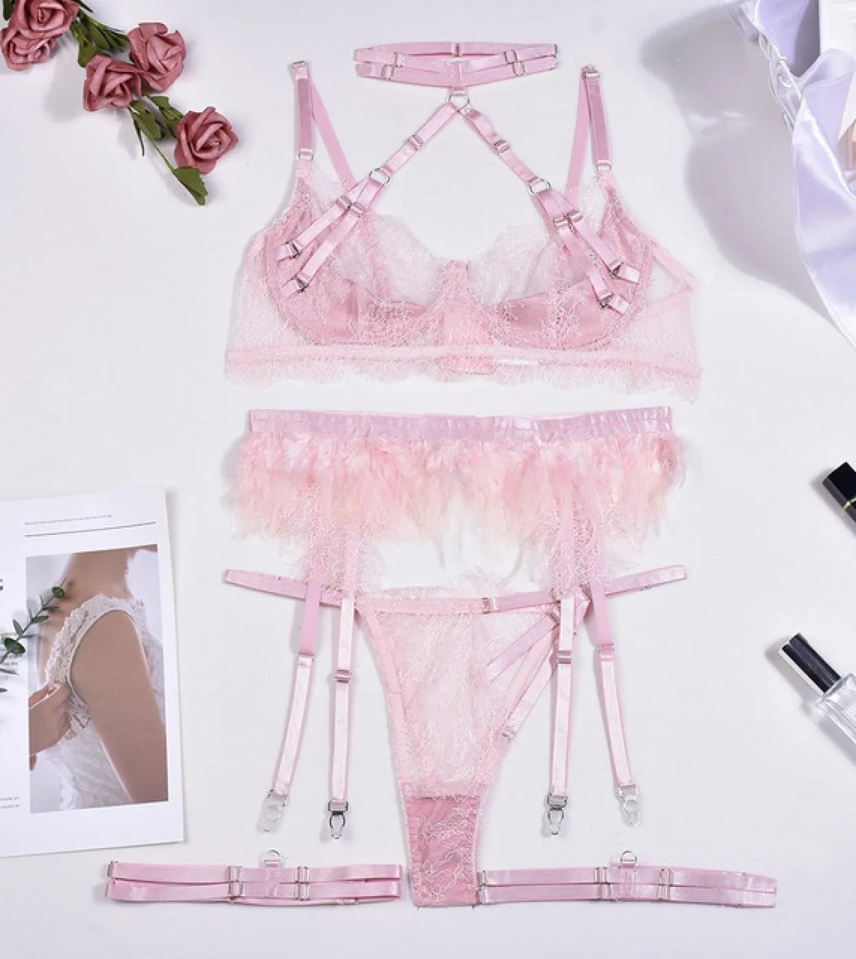 Ellolace Feather Lingerie Luxury Lace 4piece Porn Underwear Women Body Halter Reggiseno trasparente Push Up Fine Bilizna Set