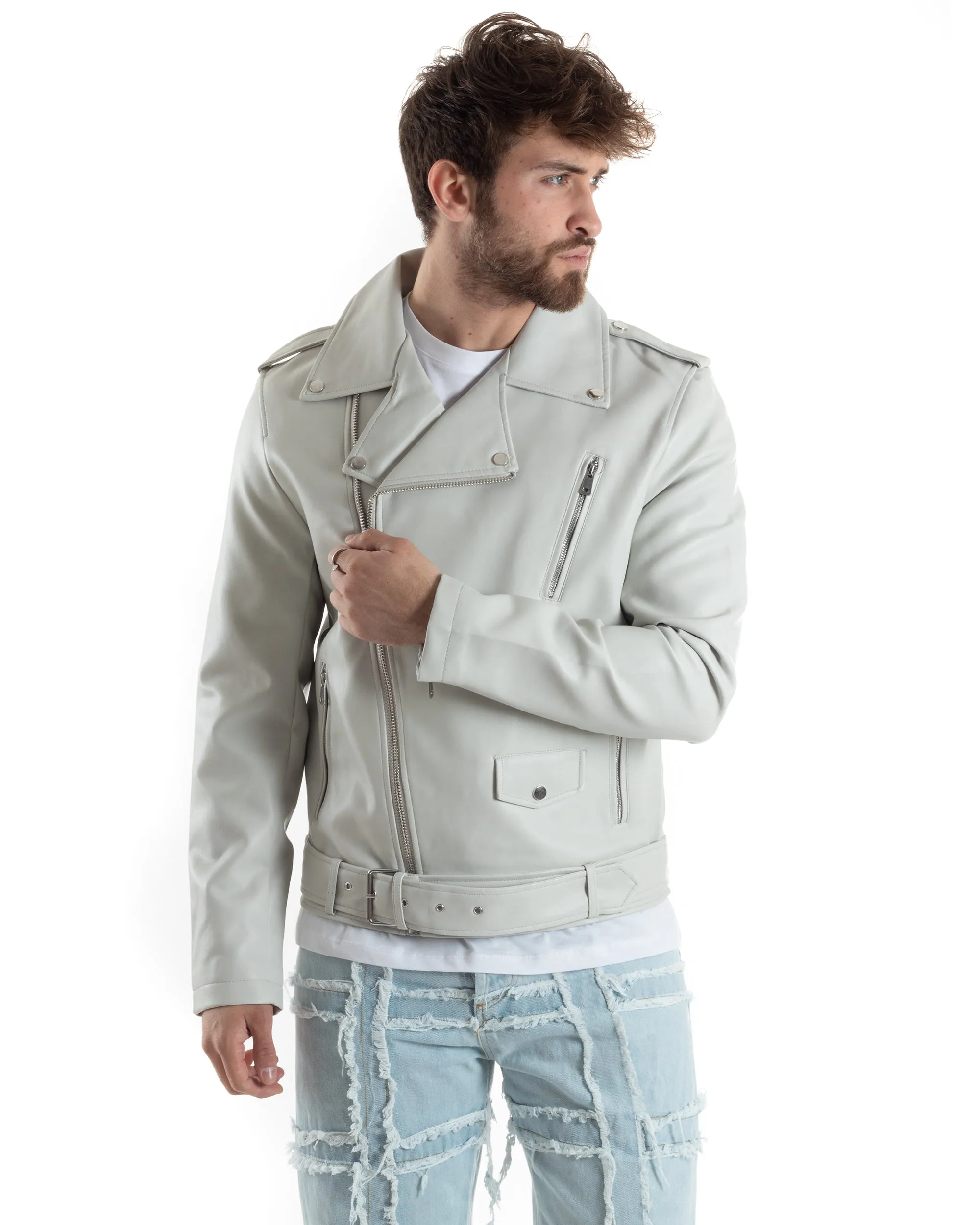 Giubbotto Uomo Biker Chiodo Ecopelle Morbida Tinta Unita Ghiaccio Casual GIOSAL-G3170A