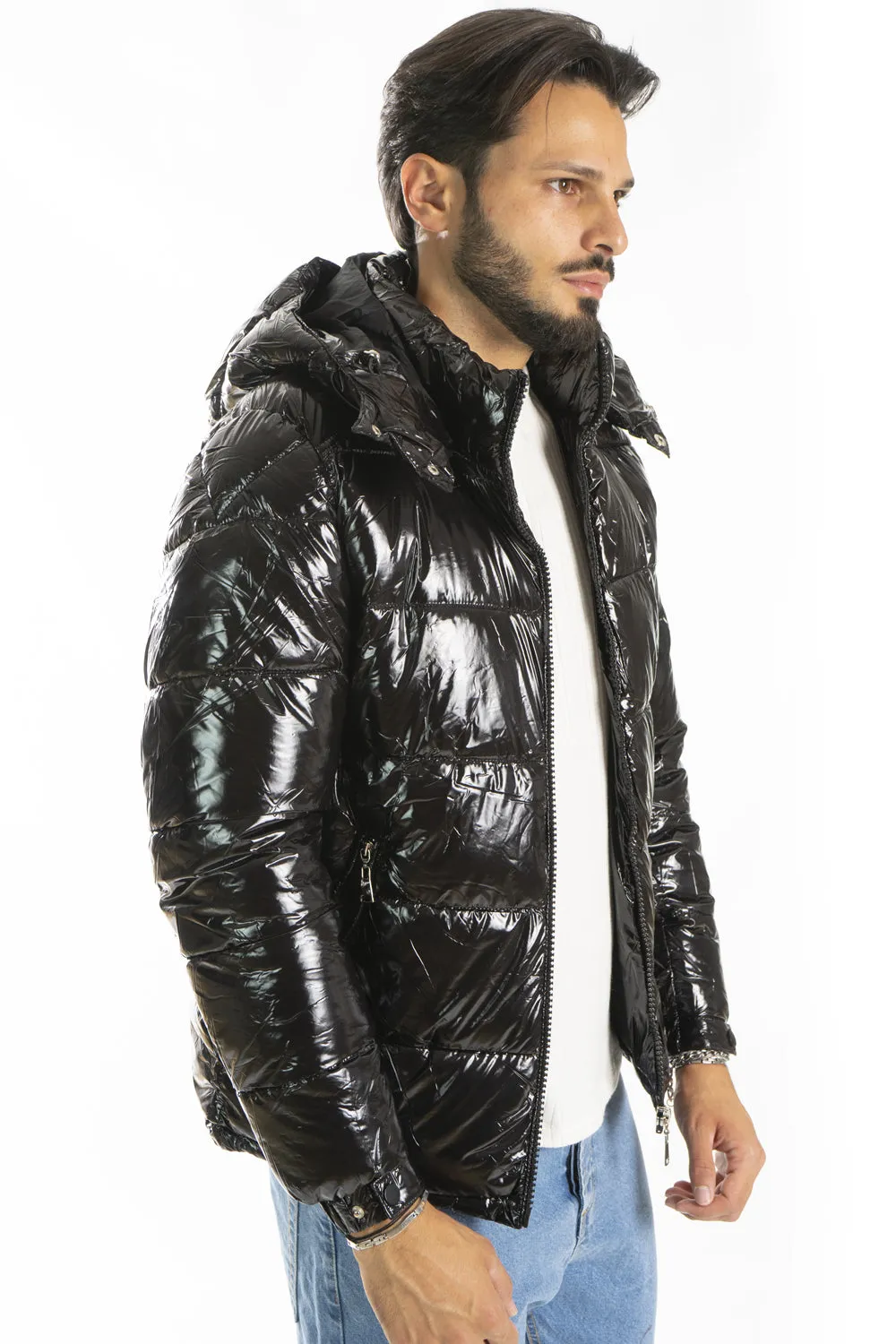 Giubbotto Uomo Bomber Lucido Con Cappuccio Art. Gb150