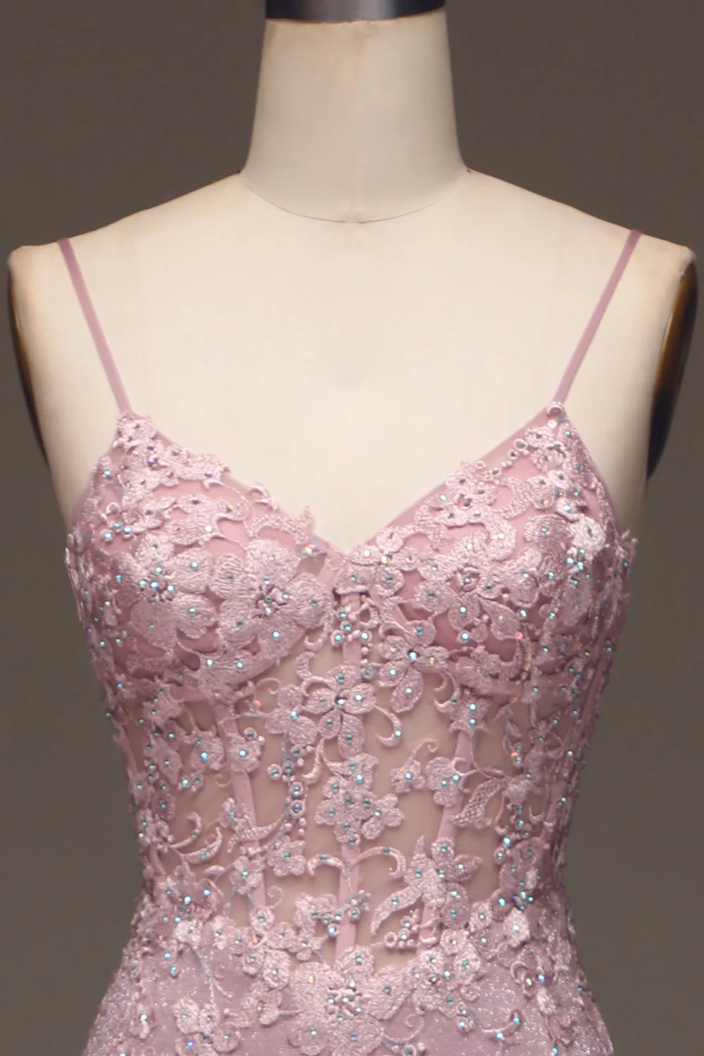 Glitter Blush Mermaid Spaghetti Straps Abito lungo da ballo con perline