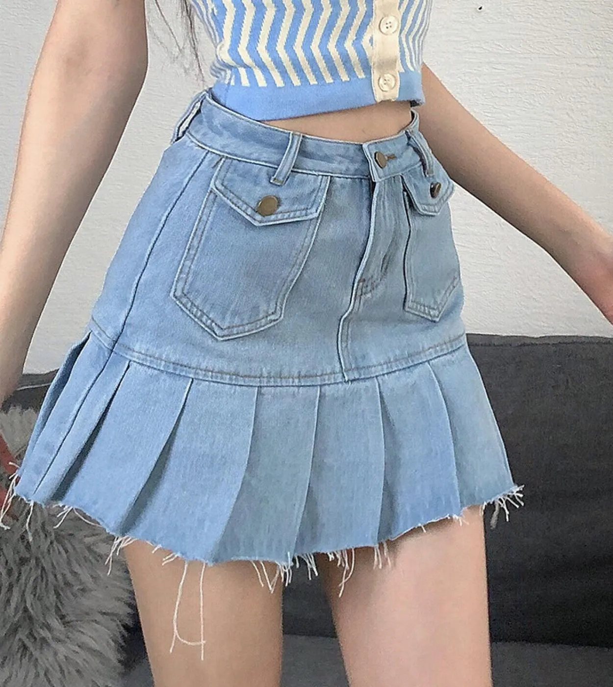 Gonna a pieghe in denim Kawaii Harajuku  Jeans Gonne Donna Vita alta Fondo Minigonna da ragazza stile Preppy casual femminile