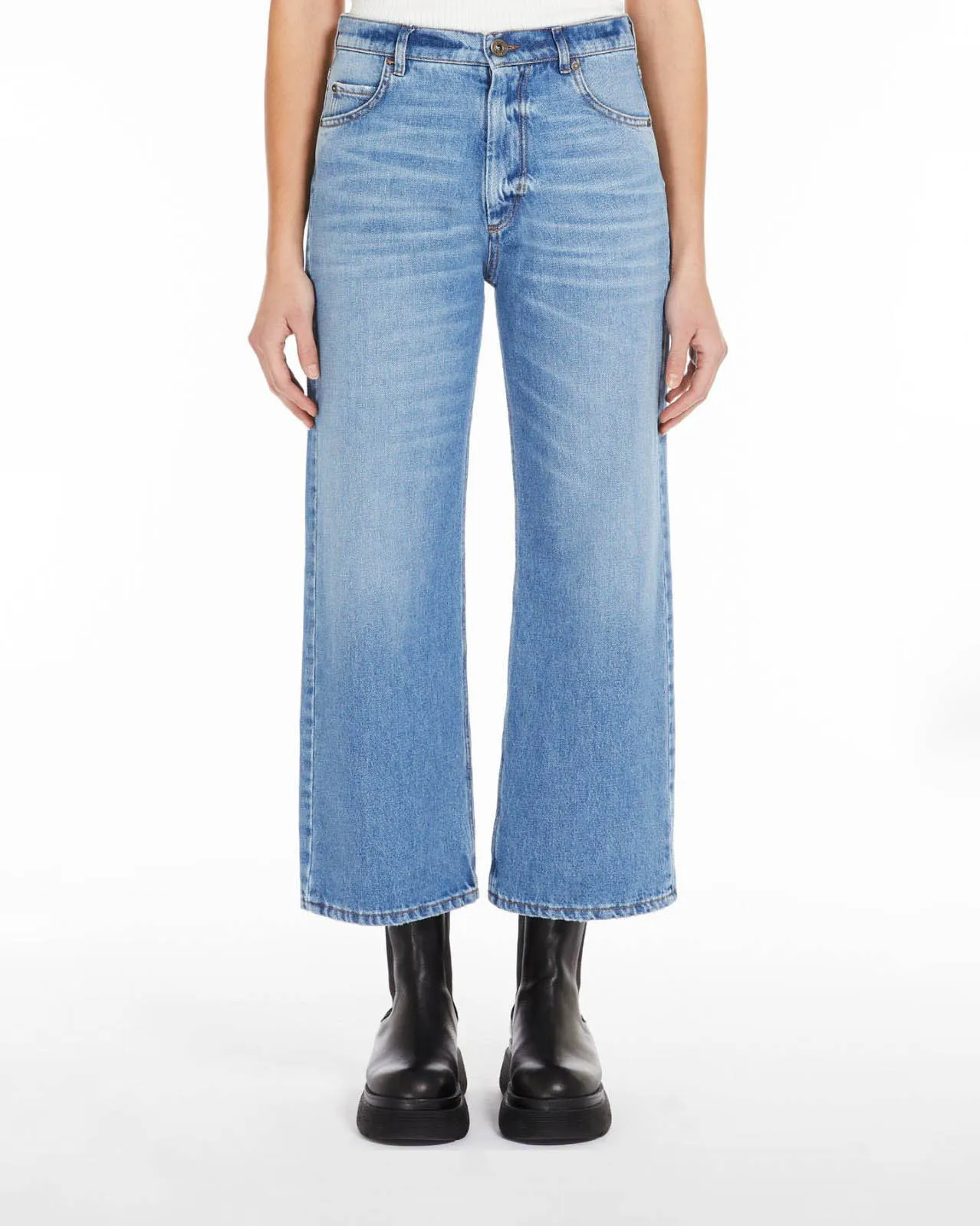 Jeans cropped in denim di cotone stretch trattato effetto used blu stone washed