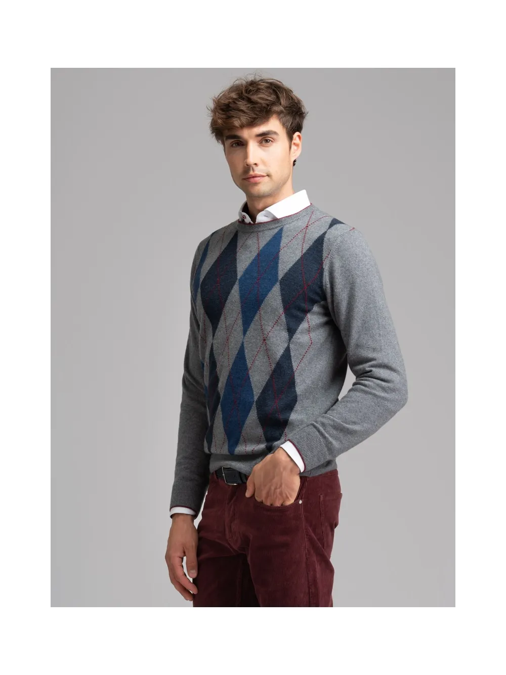 Maglia uomo girocollo con rombi e intarsio