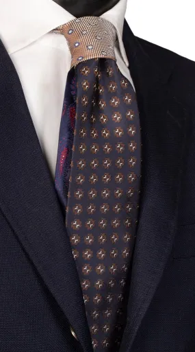 Man Blue Silk Tie White Brown Pattern Beige Contrast Knot Blue Flowers N2588