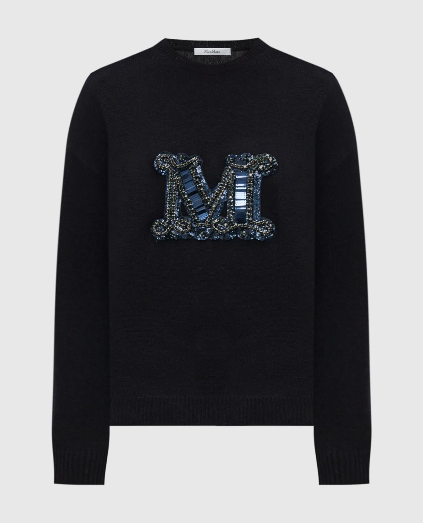 Max Mara Maglia VICOLO in lana e cashmere blu con monogramma di cristalli e paillettes VICOLO