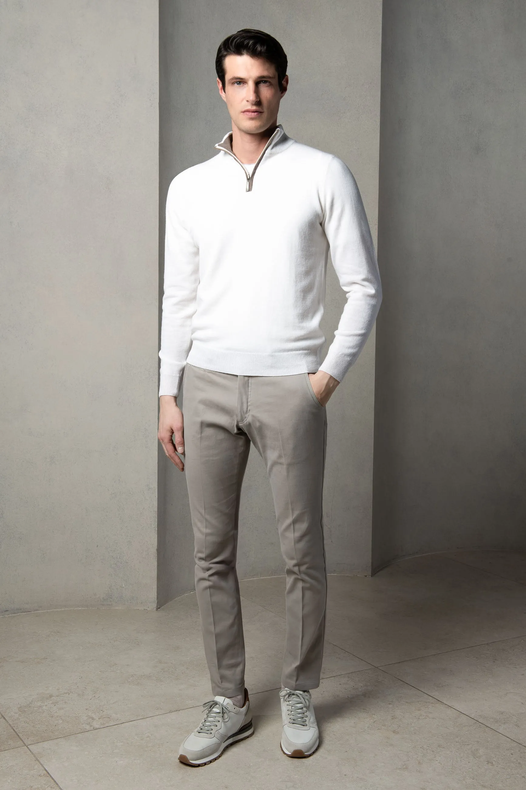 Mezza zip in lana e cashmere Off-white - Made in Italy    