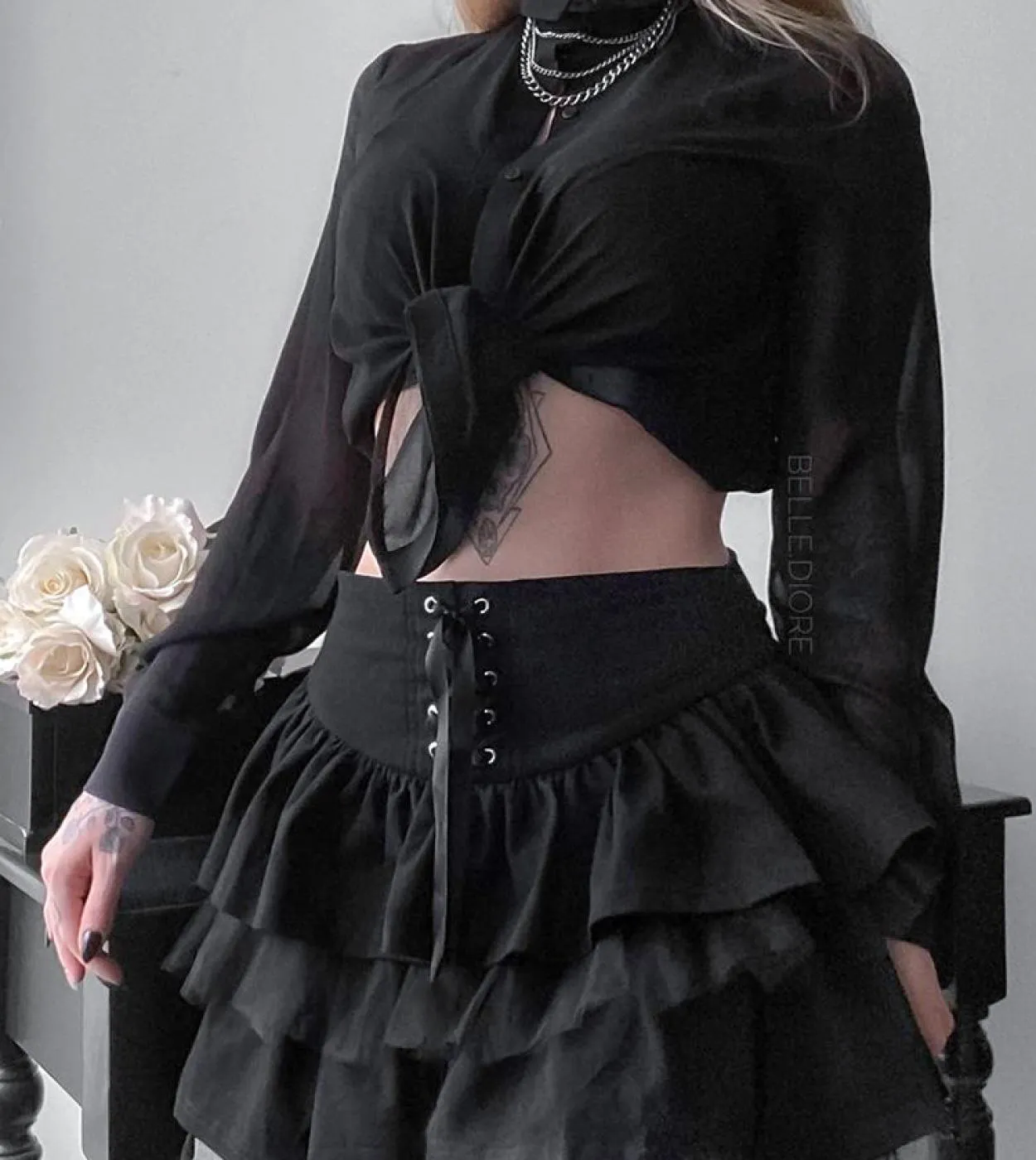 Minigonna con lacci estetici Goth per donna Dark Academia Mesh Patchwork Gonna a trapezio Stile punk Party Black Saias