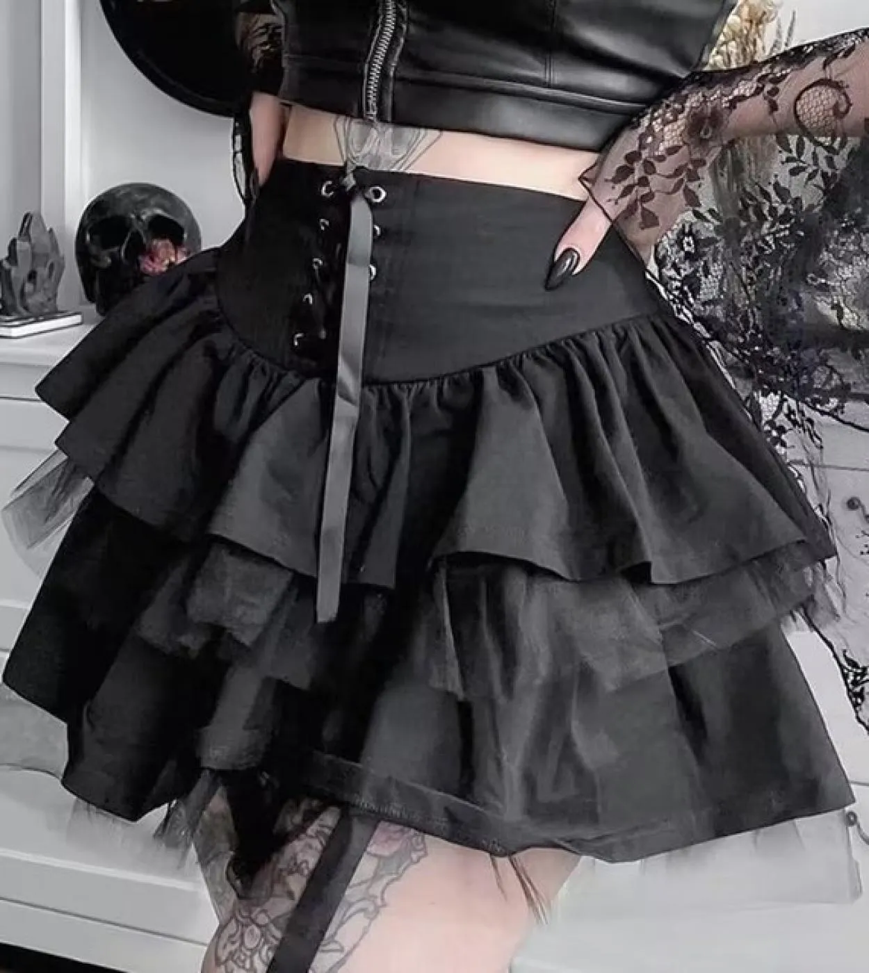 Minigonna con lacci estetici Goth per donna Dark Academia Mesh Patchwork Gonna a trapezio Stile punk Party Black Saias