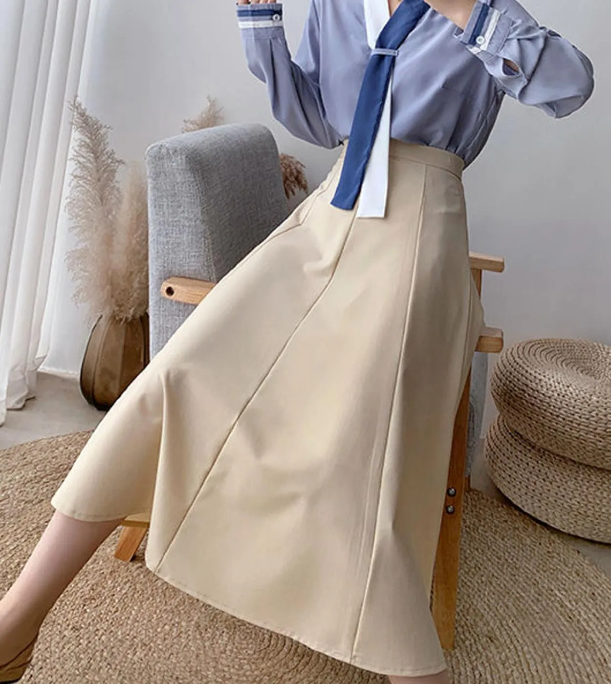 Moukyun Lady Office Elegante gonna a trapezio Donna Autunno Moda Casual All Match Chiffon Vita alta Gonne lunghe Faldas