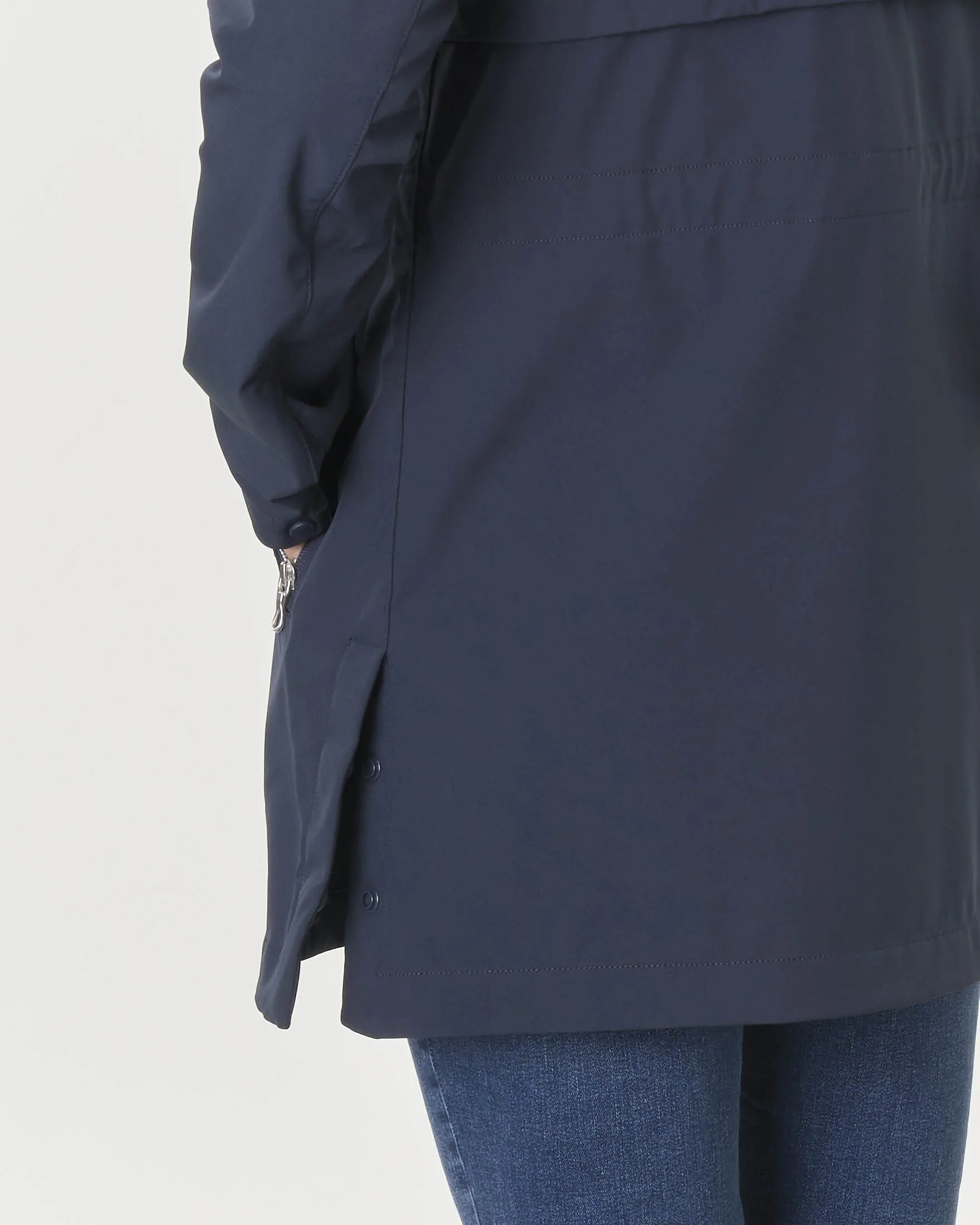 Parka blu in softshell elasticizzato idrorepellente con cappuccio e cintura elasticizzata in vita