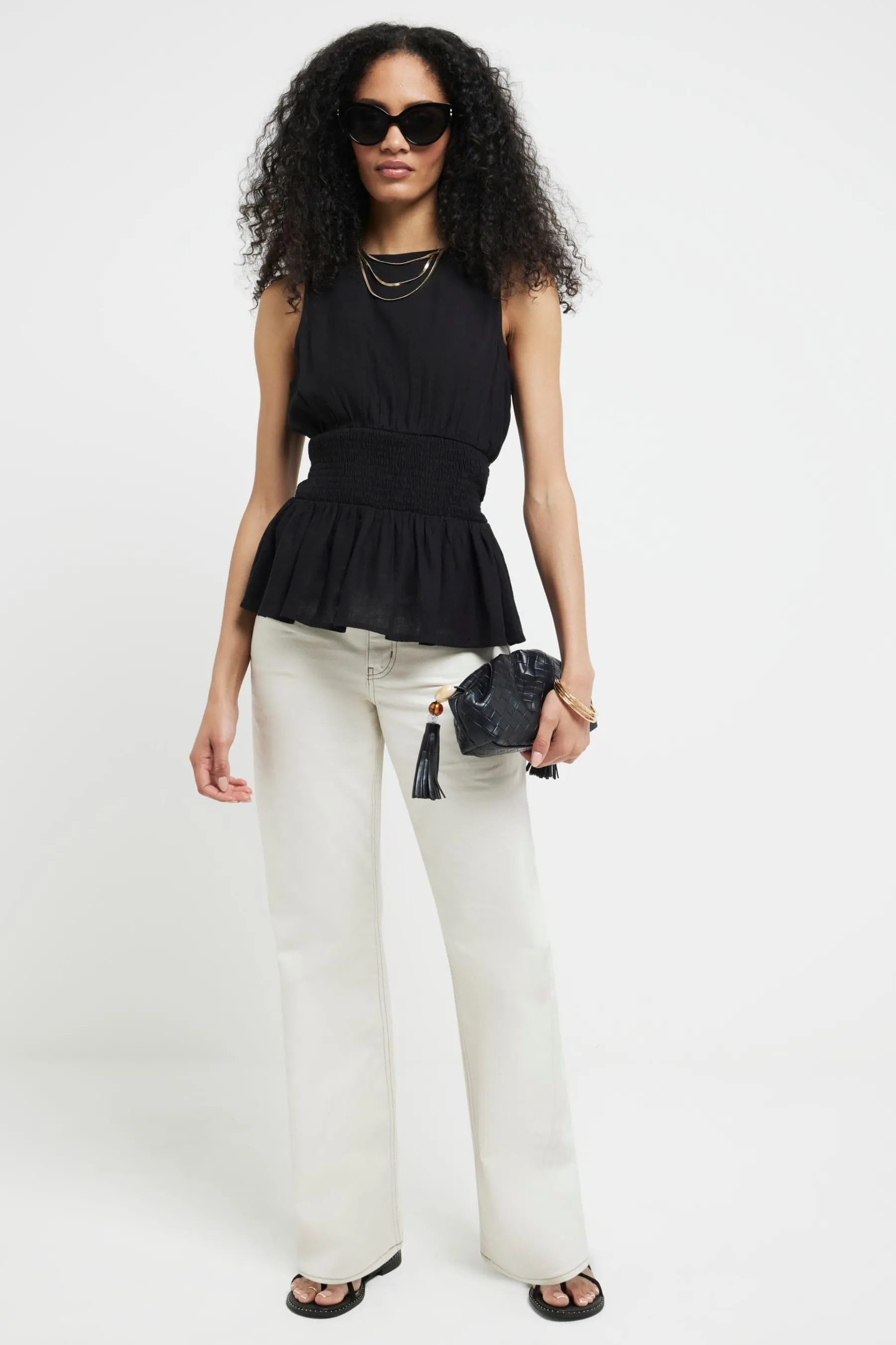 River Island - Top girocollo a punto smock con cintura