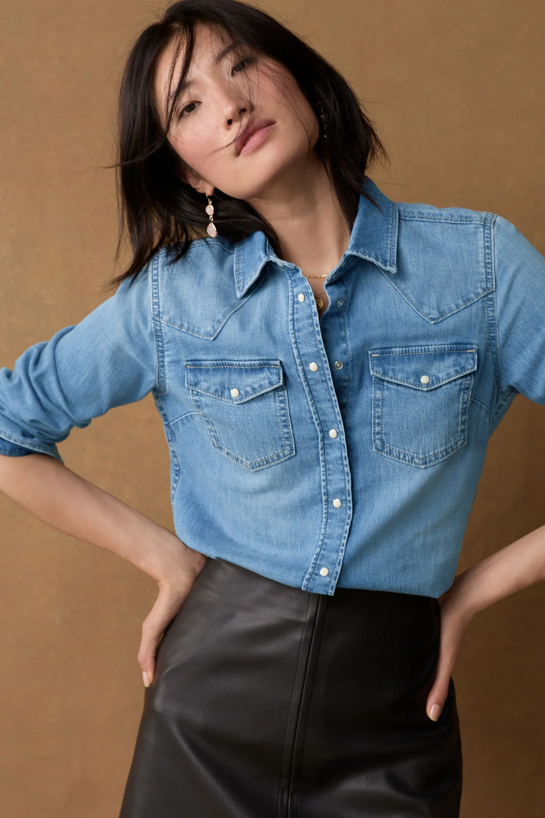 Seam Detail Fitted Denim Western Shirt    