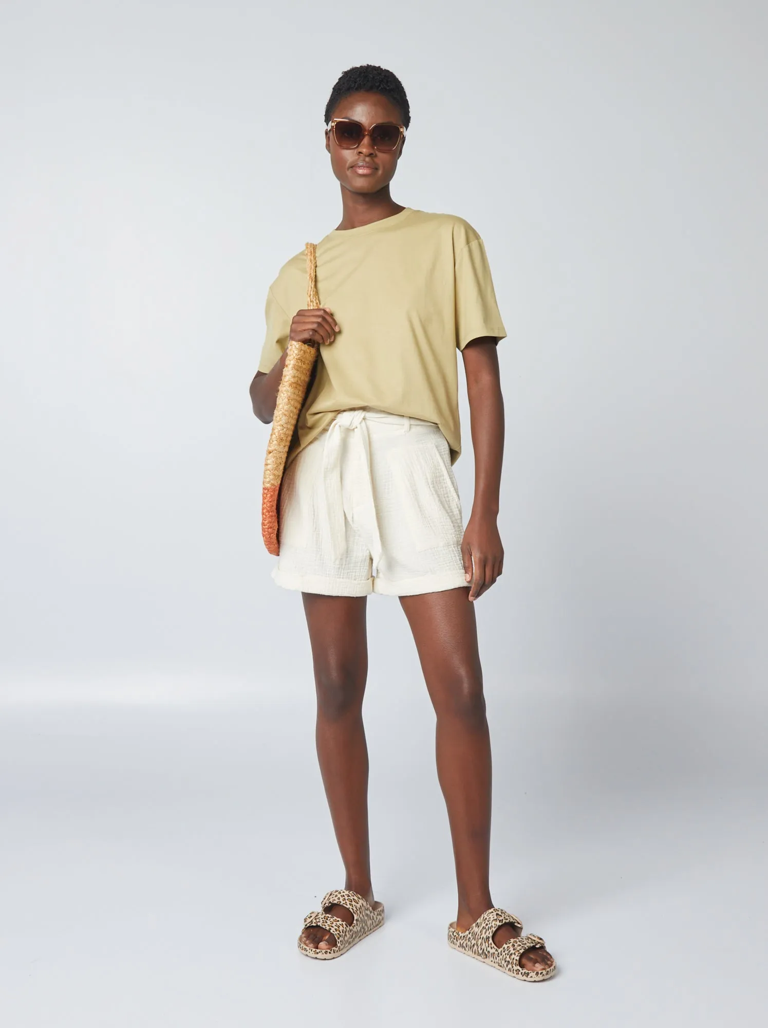 Shorts a vita alta in garza di cotone - BEIGE