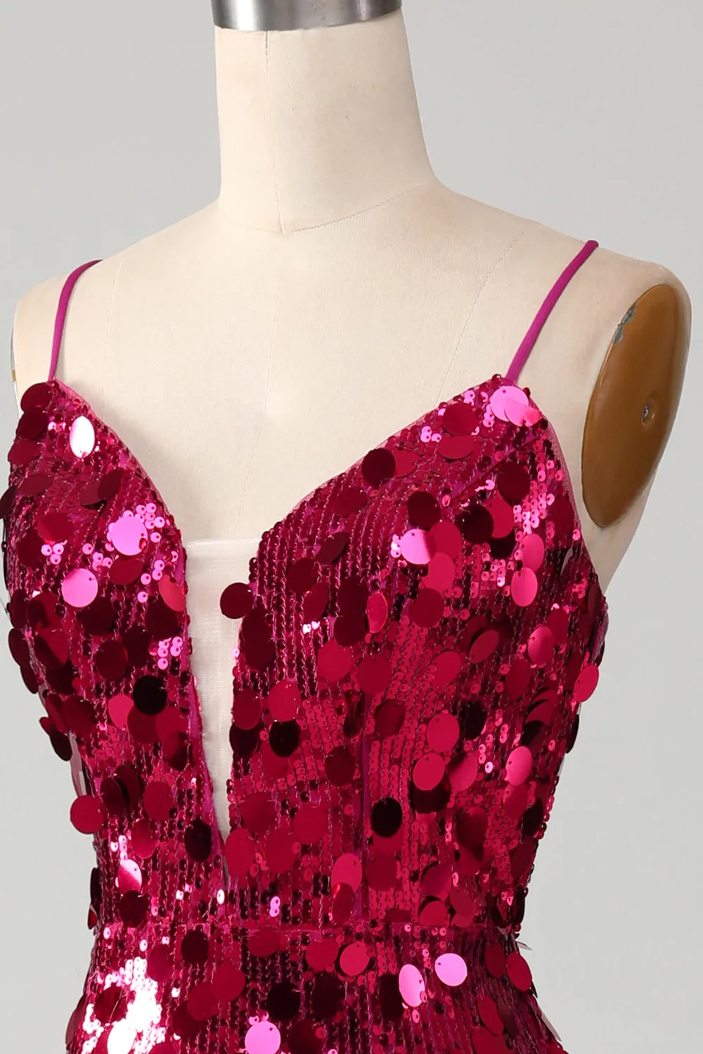 Sparkly Mermaid Spaghetti Straps Fucsia Paillettes Abito Lungo Prom con Spacco