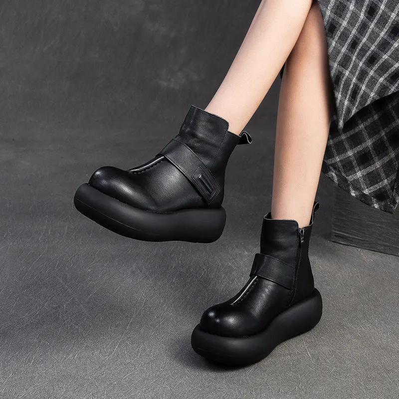 Stivali casual con plateau in pelle tinta unita vintage da donna