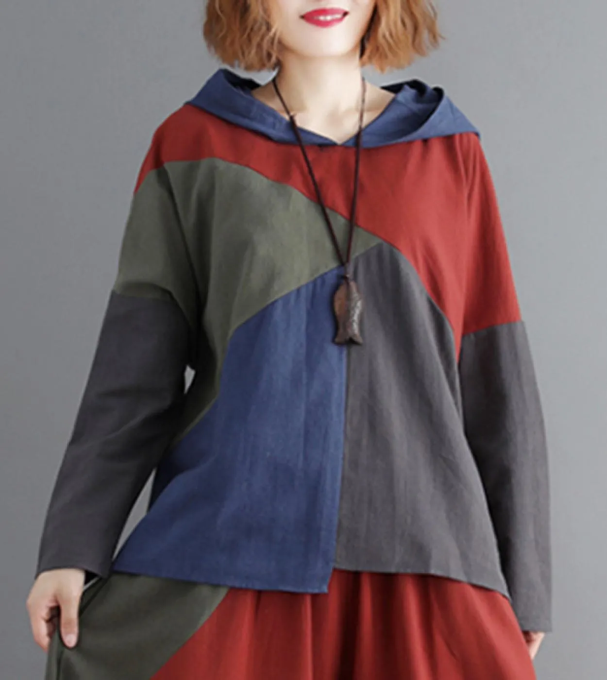 T-shirt con colletto con cappuccio a maniche lunghe allentata casual da donna autunno primavera nuovo arrivo T-shirt patchwork i