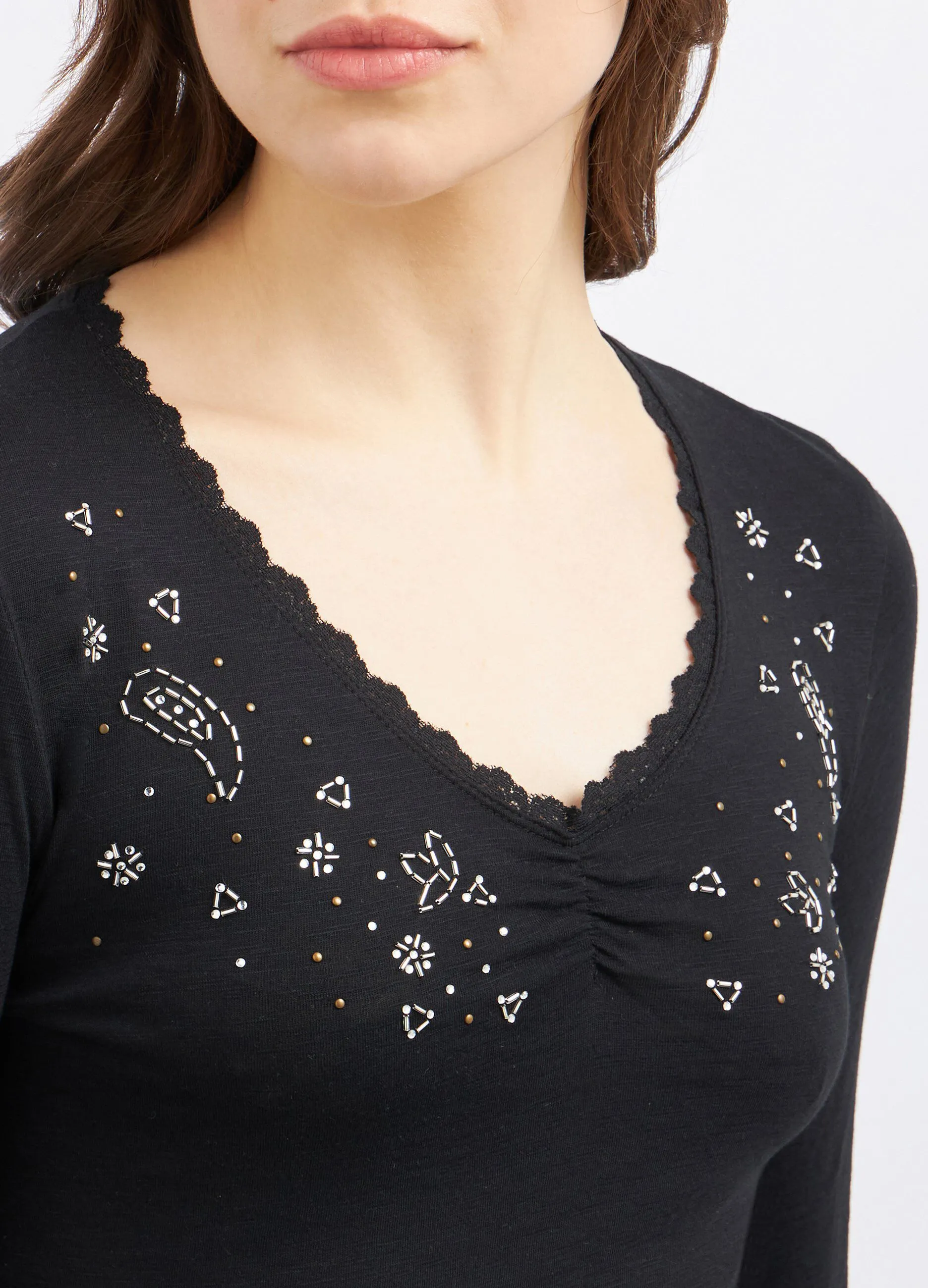 T-shirt con strass a maniche lunghe donna