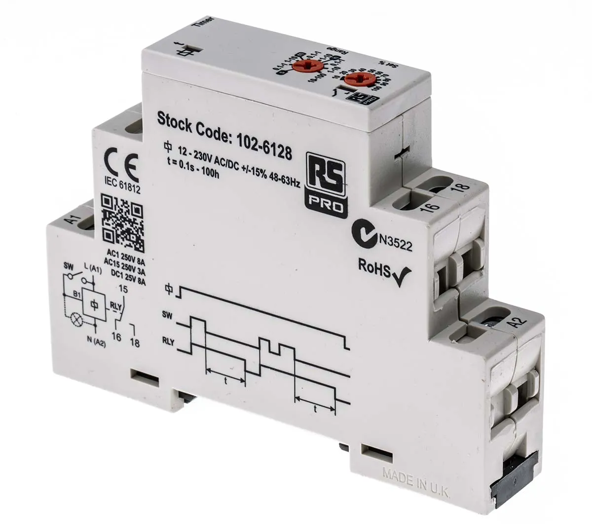 Timer Relay RS PRO, intervallo 0.1 s → 100h, SPDT, Guida DIN