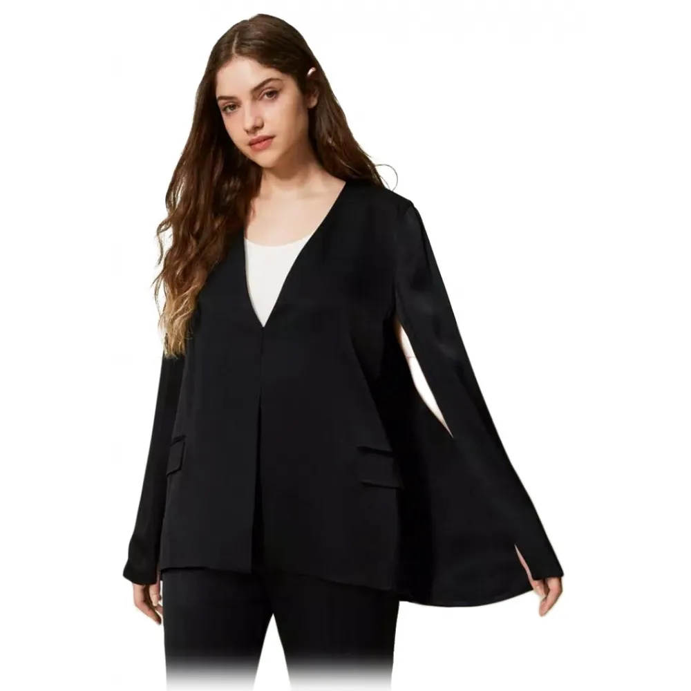 Twinset - Balzer a Cappa in Raso Opaco - Nero - Giacche - Made in Italy - Luxury Exclusive Collection