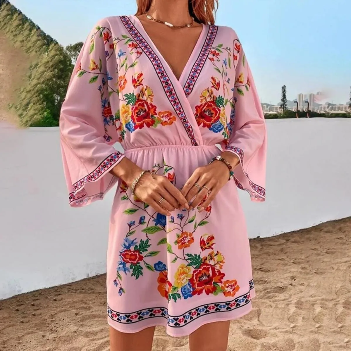 Vestido Beach Abito bohemien per le donne 2024 Primavera Estate Gonna corta floreale Abito da vacanza da donna Vita allentata Fe