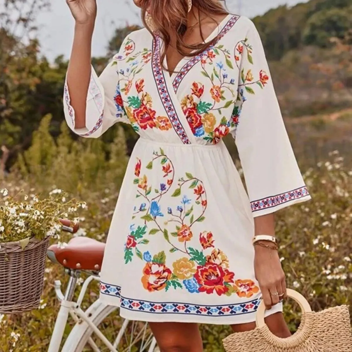 Vestido Beach Abito bohemien per le donne 2024 Primavera Estate Gonna corta floreale Abito da vacanza da donna Vita allentata Fe